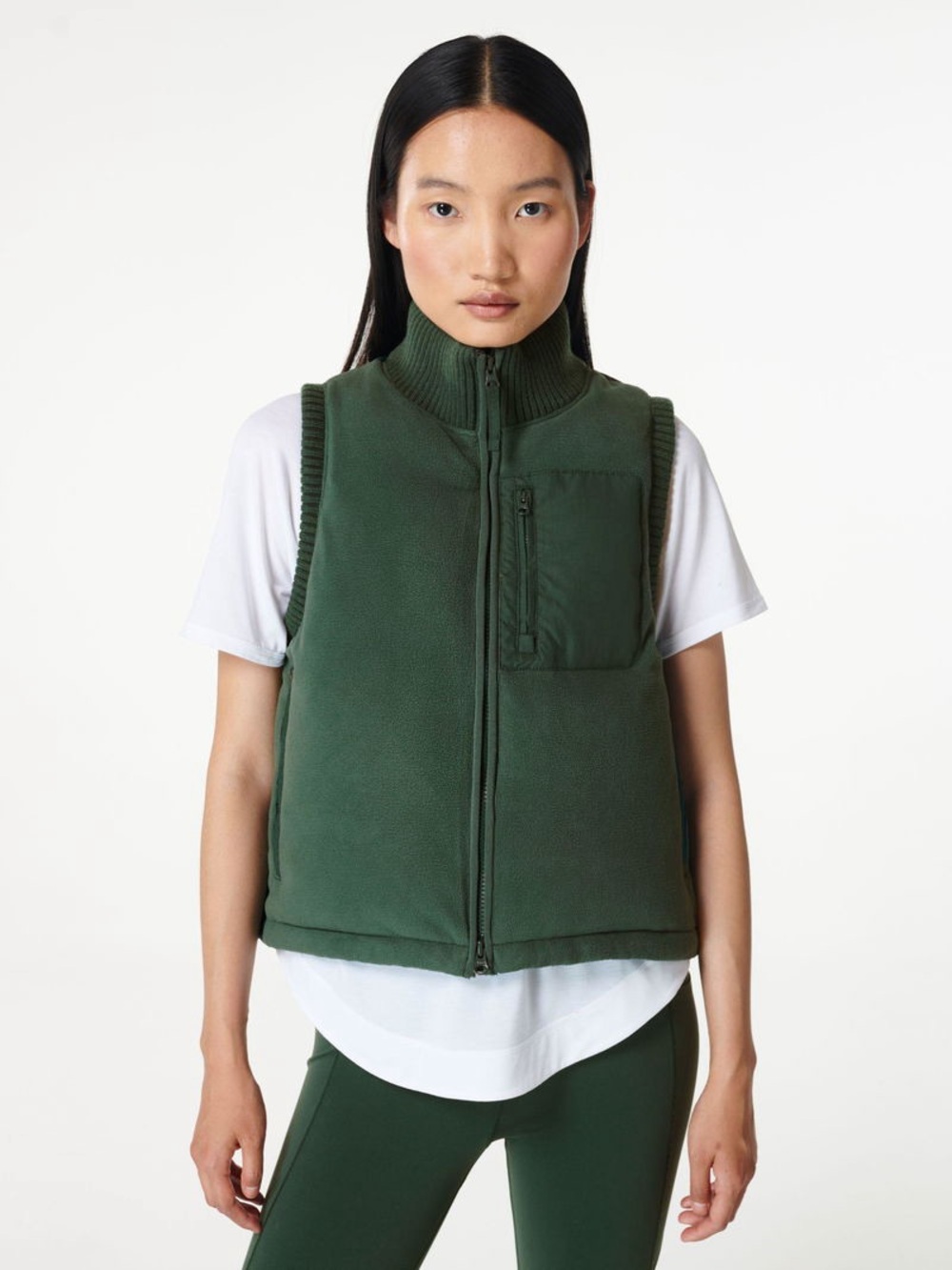 Sweaty Betty Venture Padded Fleece Gilet Zip Vest in Forest Green Large